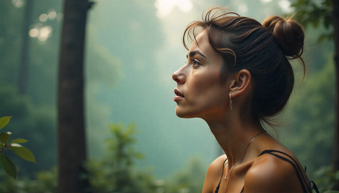 Female reflecting in forest