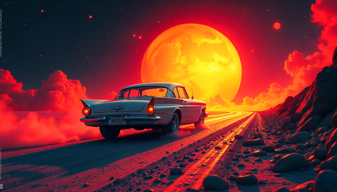 classic car driving down a desolate dirt road toward the moon at night