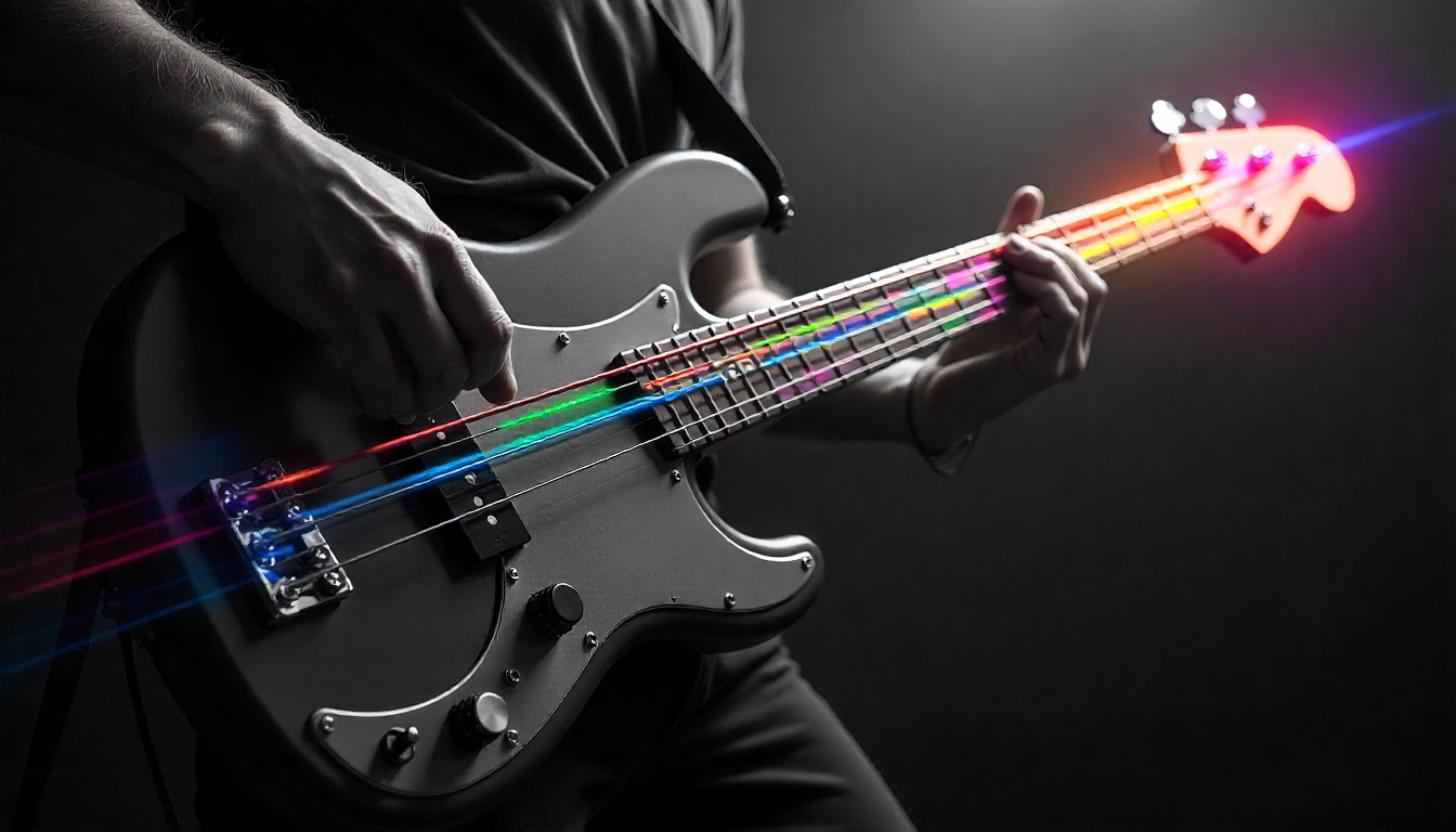 Bass guitar with multiple colors of lights coming from the vibrating strings