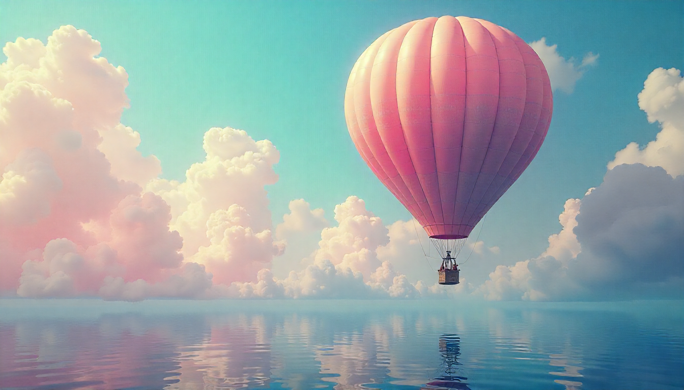 Hot air balloon floating over a placid lake with clouds in the air