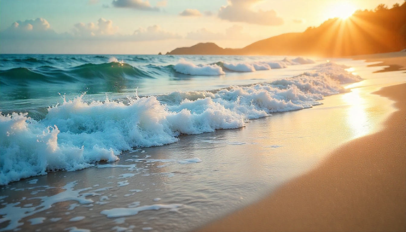 Waves crashing on the beach at sunset