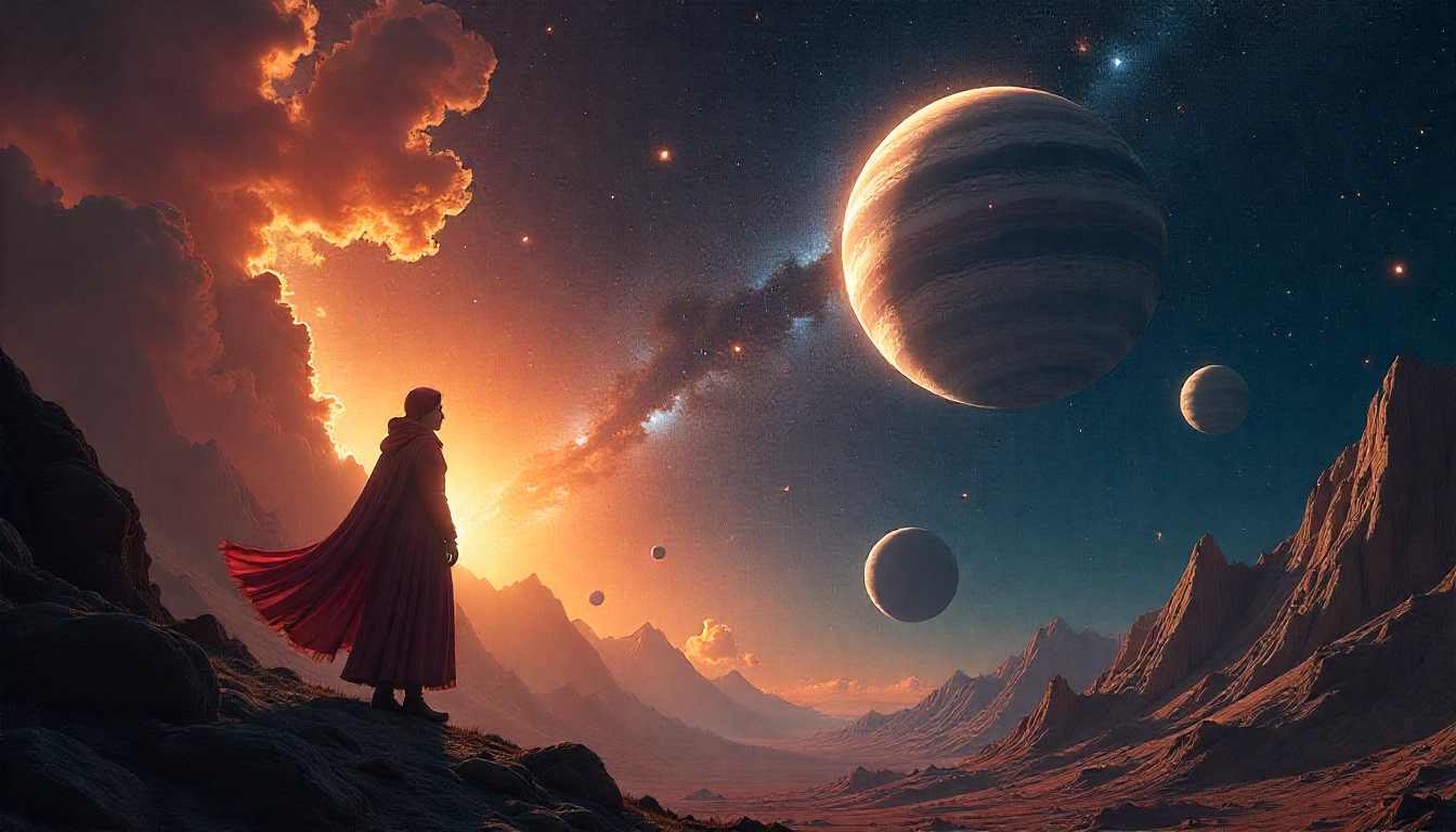 Person standing at the edge of a barren, rocky, mountainous landscape with clouds, large planets, and the cosmos overhead