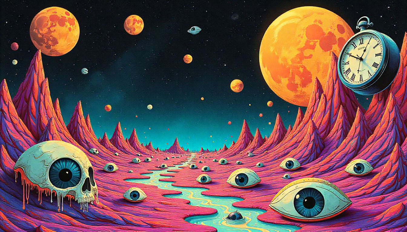 A surreal landscape with eyeballs all over