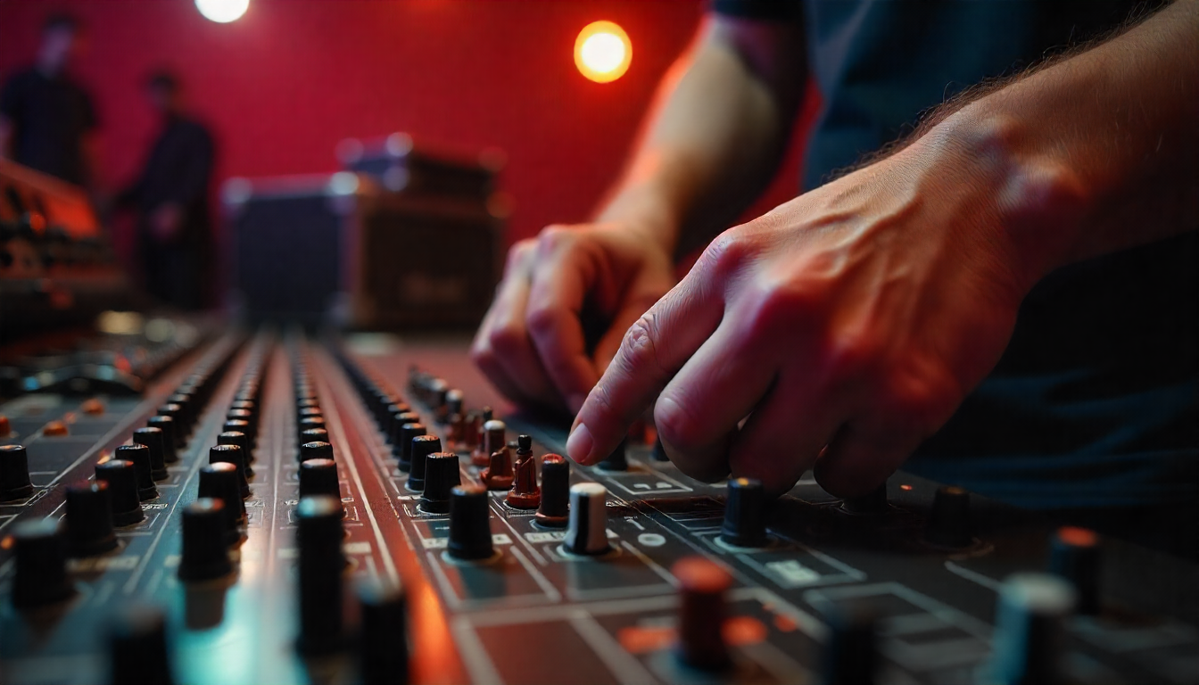 Hands working a mixing control board