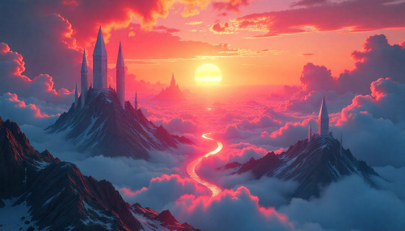 crystal obilisks rising from a surreal mountainous landscape